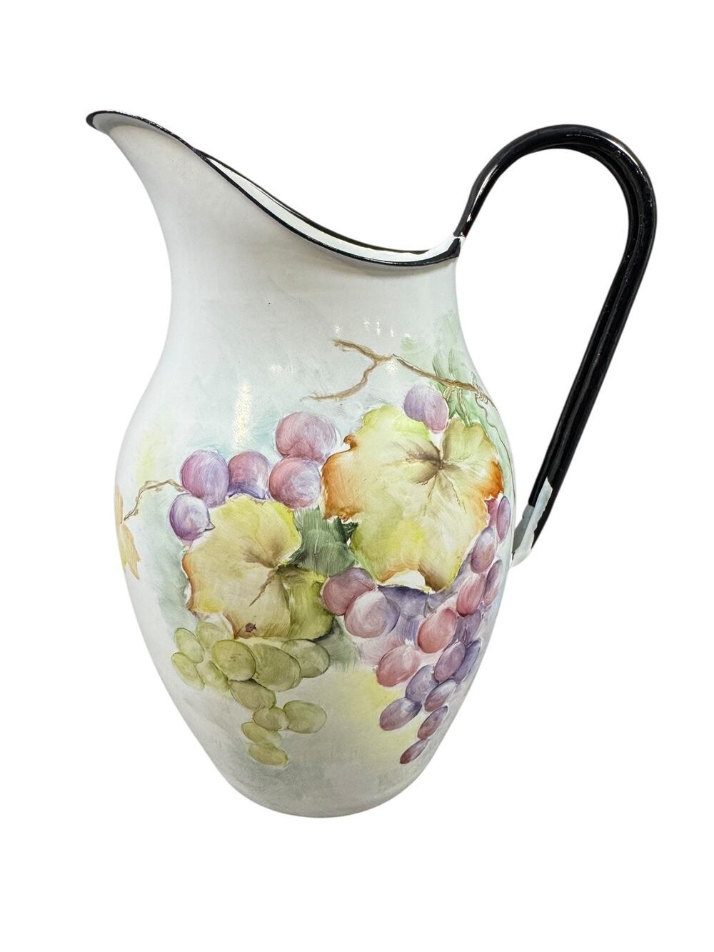 Vintage Polish Enamelware Pitcher Hand Painted Grape Vine Farmhouse Country Deco